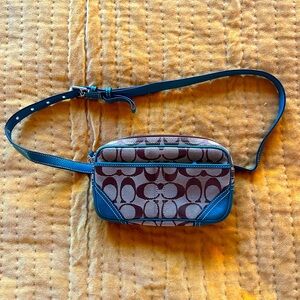 Coach Vintage Signature Jacquard & Teal Leather Fanny Pack / Belt Bag